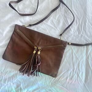 Italian Leather Tassel Crossbody Wristlet Brown Handmade